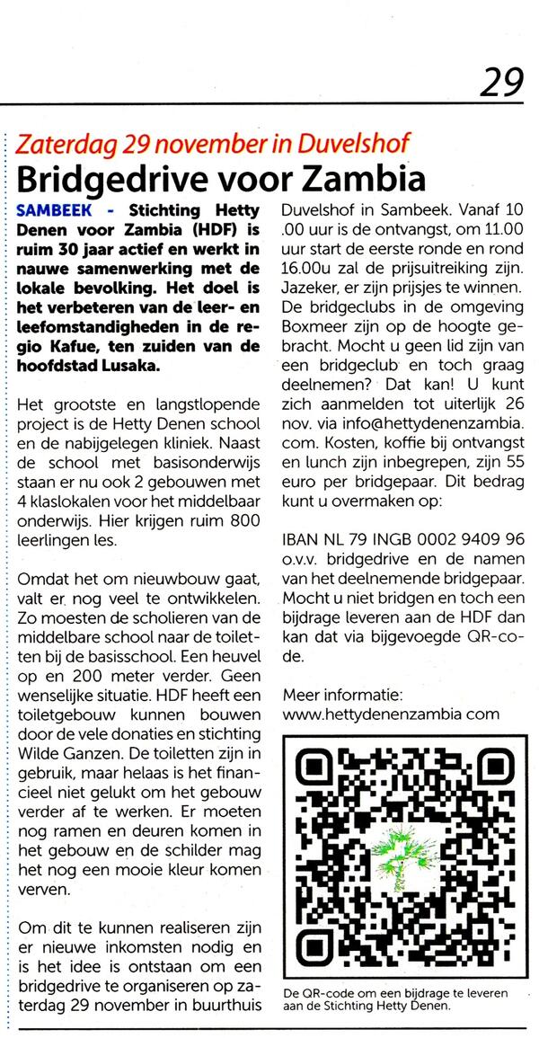 Bridge drive voor Zambia op zondag 29 november